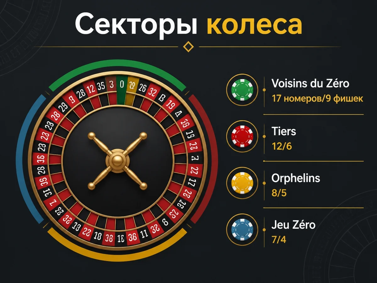 Voisins du Zéro 17 номеров/9 фишек, Tiers 12/6, Orphelins 8/5, Jeu Zéro 7/4 — секторы колеса
