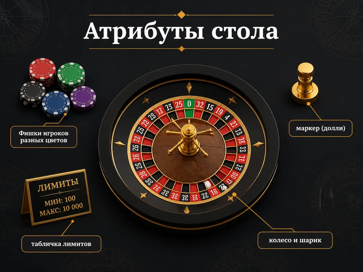 Игровые фишки игроков разных цветов, маркер, табличка лимитов, колесо и шарик — атрибуты стола