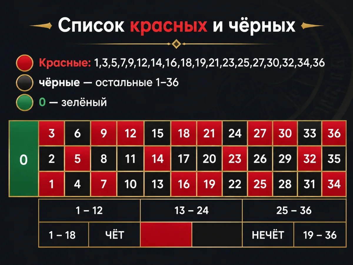 Красные: 1,3,5,7,9,12,14,16,18,19,21,23,25,27,30,32,34,36; чёрные — остальные 1–36; 0 — зелёный — список красных и чёрных