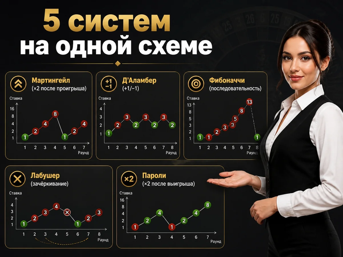 Мартингейл, Д'Аламбер, Фибоначчи, Лабушер, Пароли — 5 систем на одной схеме