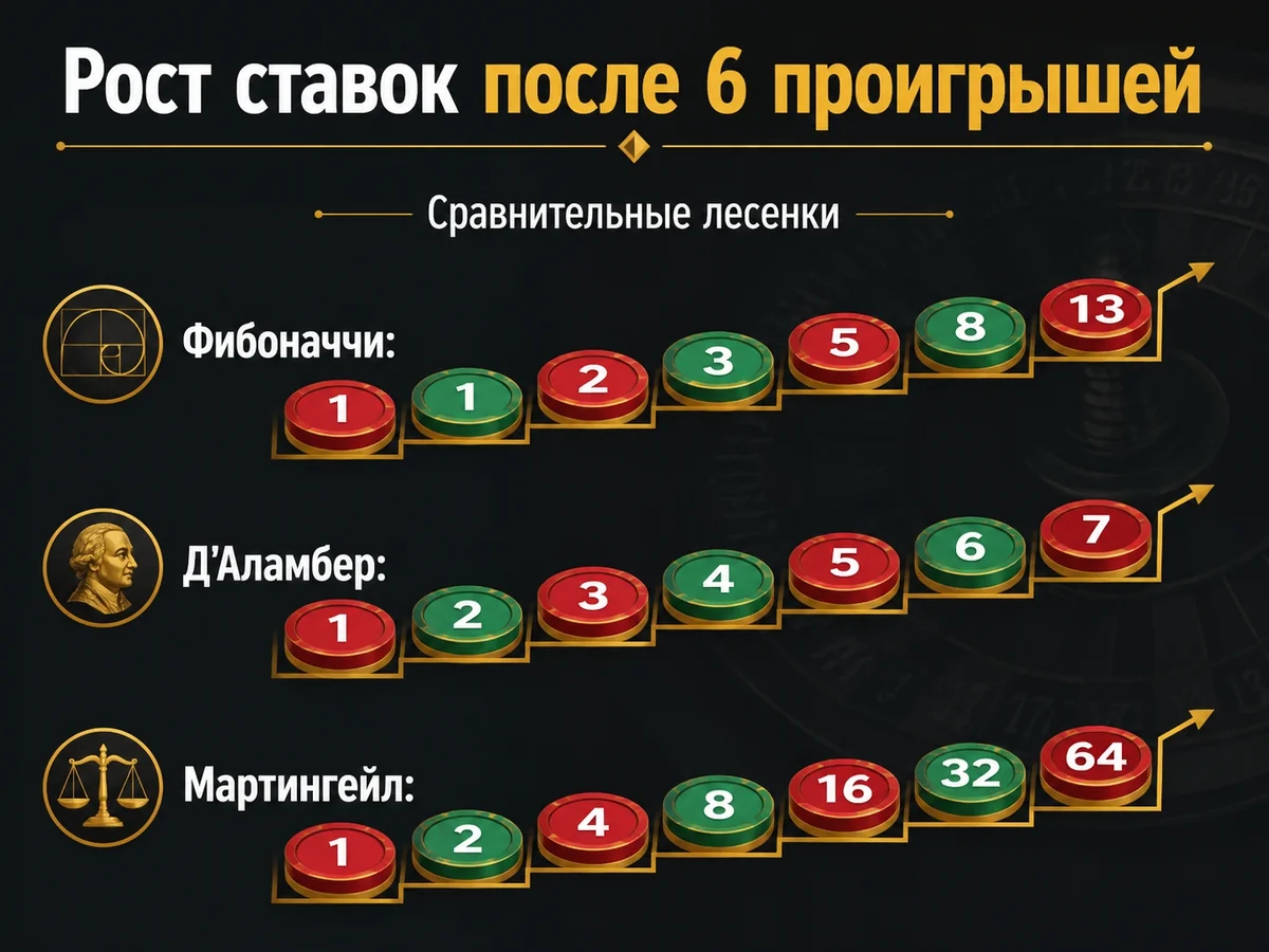Фибоначчи: 1-1-2-3-5-8-13, Д'Аламбер: 1-2-3-4-5-6-7, Мартингейл: 1-2-4-8-16-32-64 — рост ставок после 6 проигрышей