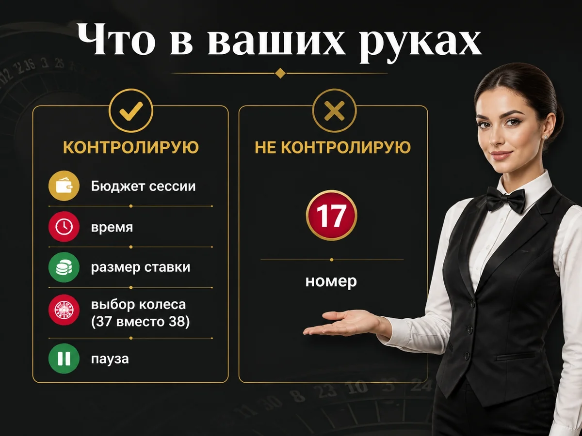 Бюджет сессии, время, размер ставки, выбор колеса, пауза. Не контролируется: номер — что в ваших руках