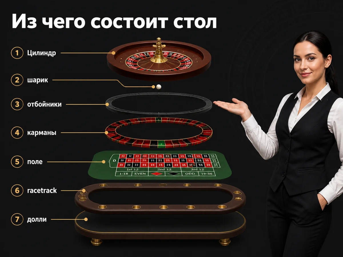 Цилиндр, шарик, отбойники, карманы, поле, racetrack, долли — из чего состоит стол