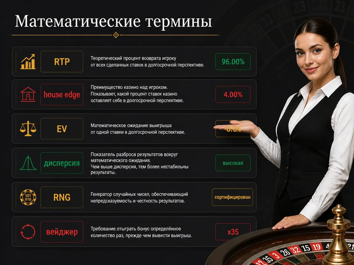 RTP, house edge, EV, дисперсия, RNG, вейджер — по одной строке — математические термины