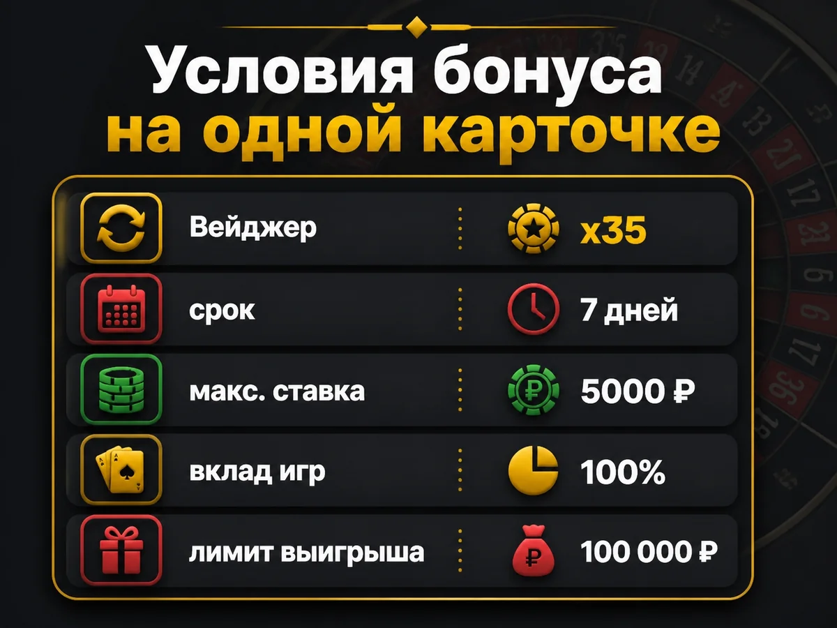 Вейджер, срок, макс. ставка, вклад игр, лимит выигрыша — условия бонуса на одной карточке