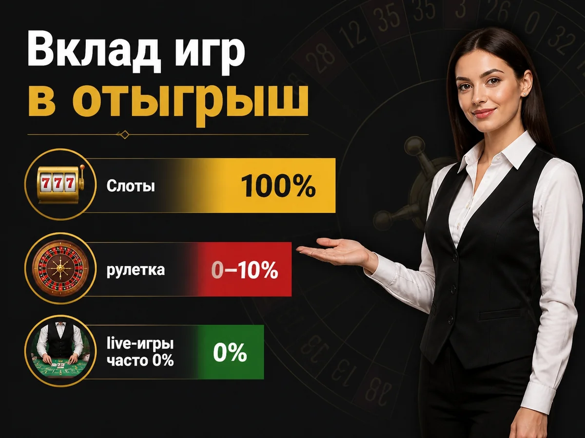 Слоты 100%, рулетка 0–10%, live-игры часто 0% — вклад игр в отыгрыш
