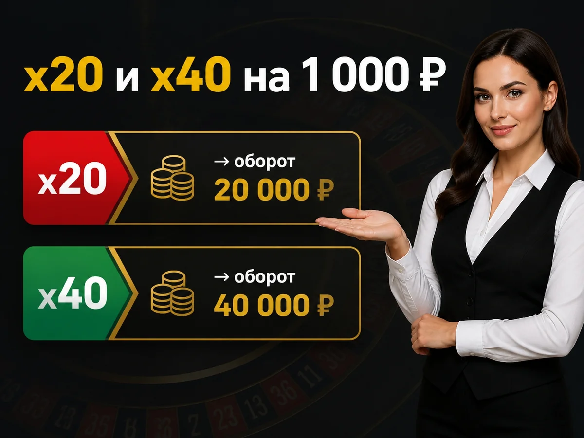 X20 — оборот 20 000 ₽, x40 — 40 000 ₽ — x20 и x40 на 1 000 ₽