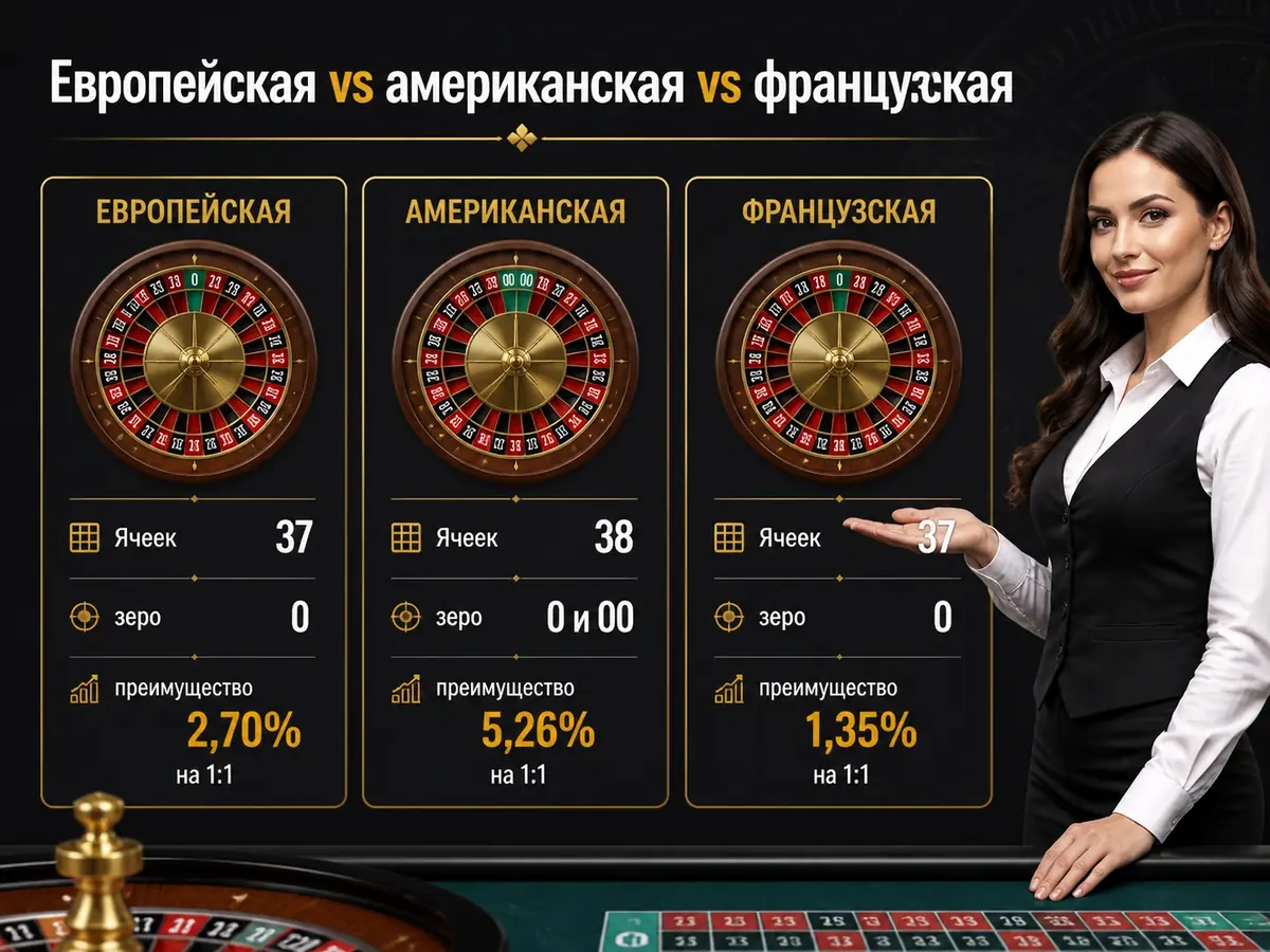 Ячеек 37/38/37, зеро 0 / 0 и 00 / 0, преимущество 2,70% / 5,26% / 1,35% на 1:1 — европейская vs американская vs французская