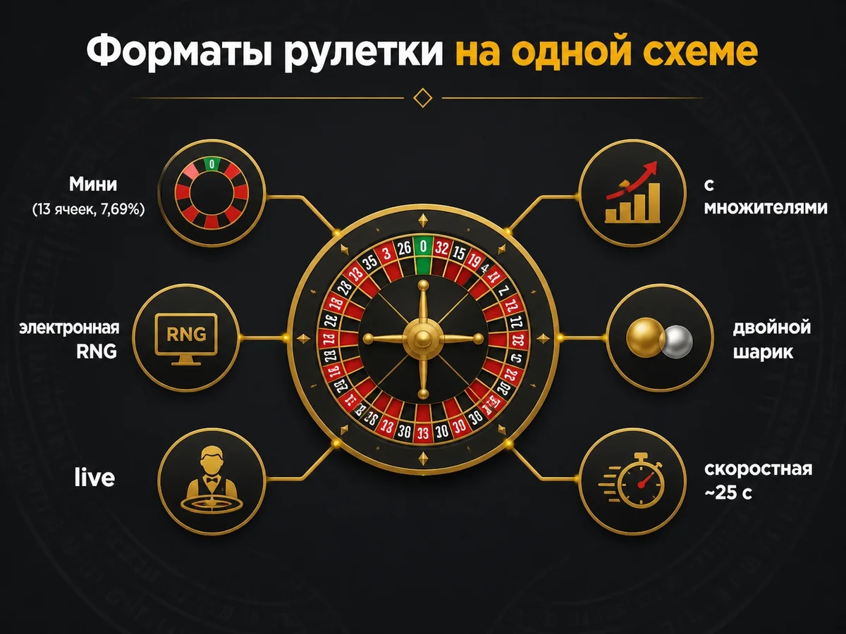 Мини, электронная RNG, live, с множителями, двойной шарик, скоростная ~25 с — форматы рулетки на одной схеме